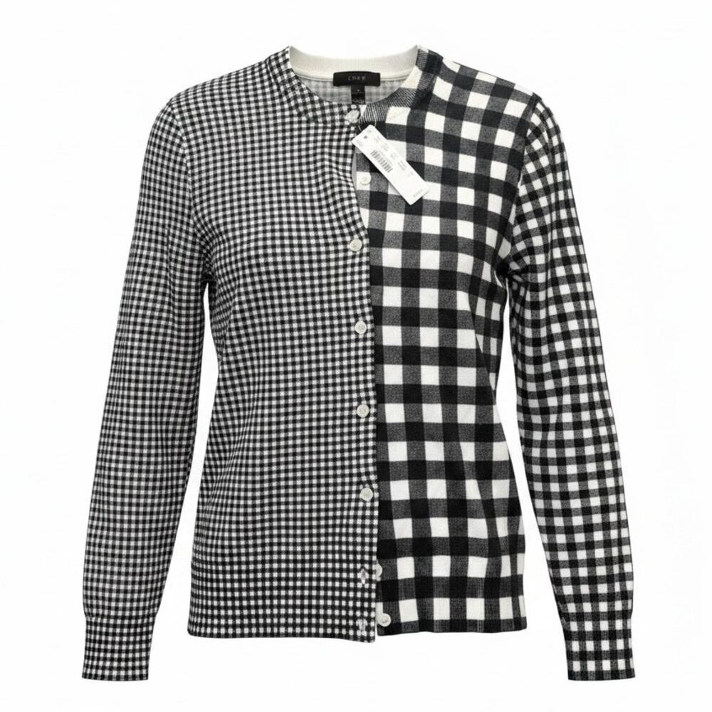 J.Crew Black White Mixed Gingham Cardigan Sweater Small NWT Button Front